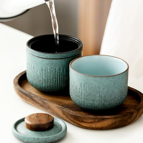 Juego de Té Portátil de Cerámica CRAFTHROU con Tetera de Madera y Bolsa 8