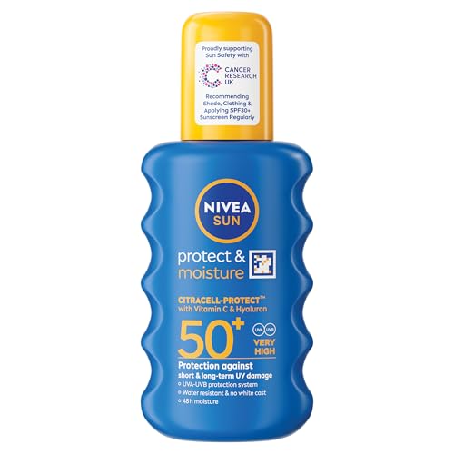 NIVEA SUN Protect & Moisture Sun Spray SPF 50+ (200ml) Moisturising Suncream Spray with Vitamin C and Hyaluron Immediate UVA/UVB Protection Fast-Absorbing No White Cast Formula