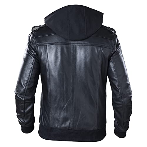 Lambskin Leather Motorcycle Jacket for Men - Genuine Leather Bomber Jacket with Removable Hood2