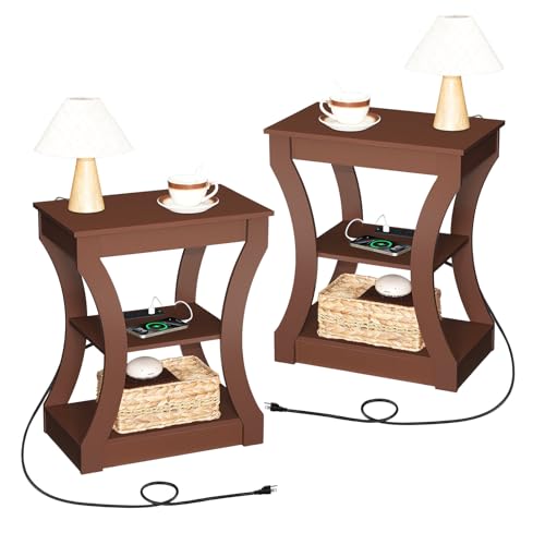 MAHANCRIS End Tables Living Room Set of 2 Cherry End Table with Charging Station Nightstand for Bedroom 3 Tier Side Table with Storage Shelf for Living Room Modern Bedside Table ETWA53E01S2