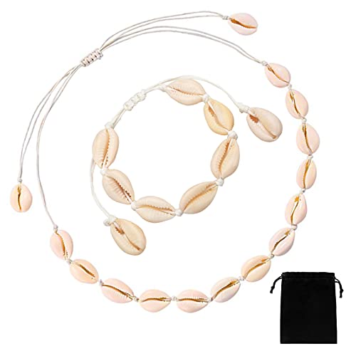 Muschel Halskette Armband Set,Cosswe 2 Stück Muschel Halskette Natürliche Muschelketten Muschel Halsketten Armband verstellbarer für Damen Mädchen Sommer Strand Schmuck Cover