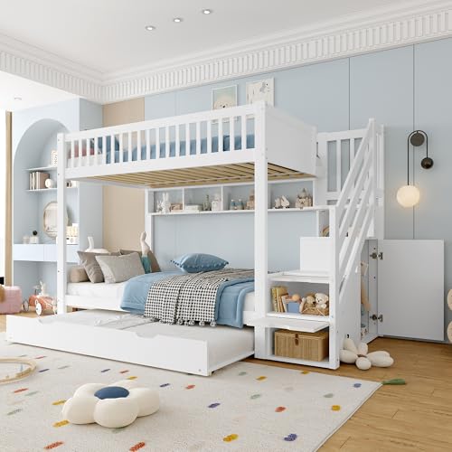 Zravenna Litera de 90 x 200 cm con cama nido, armario para escaleras, armario y estantería, barandilla alta, cama funcional para 3 niños, color blanco (90 x 200 cm, extensible B)