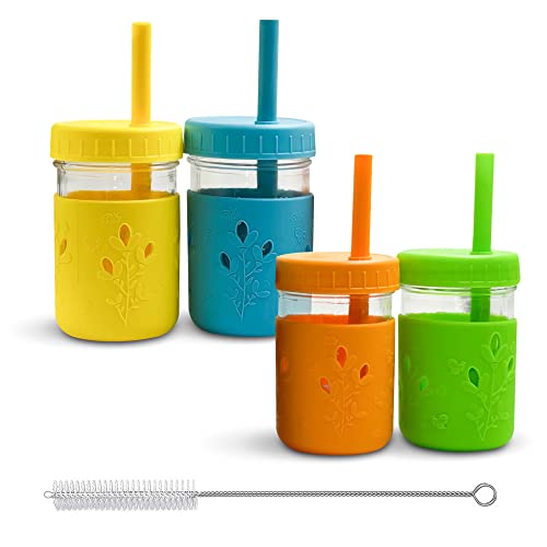 Image of Tiny Twisterz Spill-resistant Kids & Toddler Glass Cups with Silicone Sleeves & Straws | 4-in-1 Sippy/Drinking Cups, Food Storage and Snack Cups | Set of four 8 oz jars