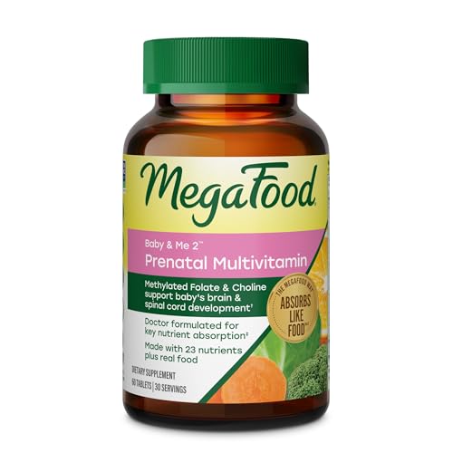 MegaFood Baby & Me 2 Prenatal Vitamin and Minerals - Vitamins for Women - with Folate (Folic Acid Natural Form), Choline, Iron, Iodine, and Vitamin C, Vitamin D and more - 60 Tabs (30 Servings)