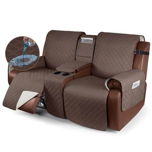 Image of KinCam 100% Waterproof Recliner Loveseat Cover with Console, Non-Slip Reclining Couch Covers for 2 Seat, Recliner Sofa Cover Furniture Protector with Elastic Straps for Kids, Pets, Brown