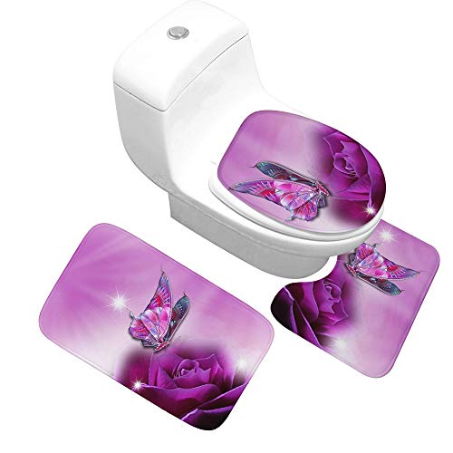 Badteppich Set,Badematten Teppich-Set 3-Teilig Lila Rose Blume Schmetterling 3D-Druck Rutschfeste Badematten Weiche…