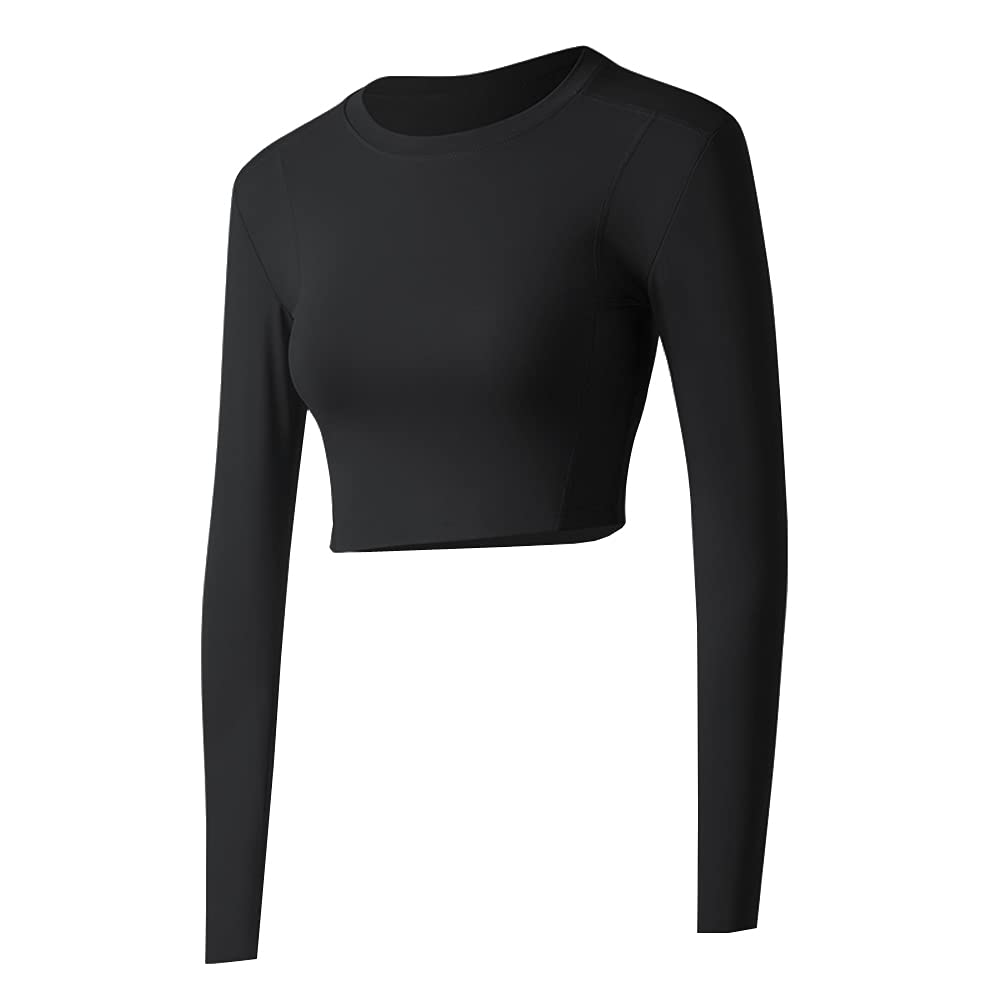 Custom Logo Text Print Women's Crop Tops Yoga Workout Long Sleeve Shirts Black