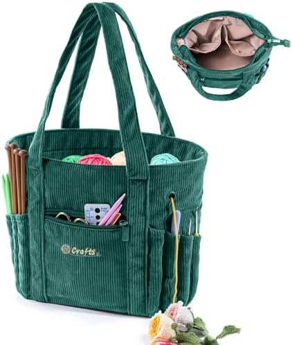 MYBAGZING Crochet Bag and Tote Bag - Corduroy Yarn Bag - Yarn Holder with Pockets for Crochet Hooks, Knitting Accessories