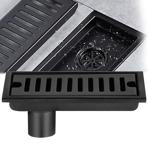 Desagüe Rectangular de Suelo, 20x10cm Desagüe de Piso de Acero Inoxidable Negro Trampa de Olores Desagüe de Piso Ducha con Doble Filtro para Inodoro Baño Desagüe Cocina Balcón