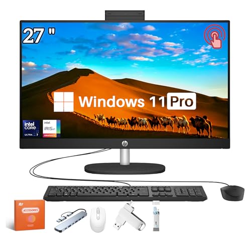 Image of HP 27'' Touchscreen All in One Desktop Computer, FHD IPS Eye Care Display, Intel 12-Core Ultra 7, Adjustable Height, 32GB DDR5, 2TB SSD, Win 11 Pro, Jet Black, Accessories