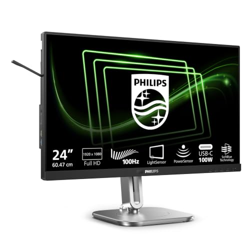 PHILIPS 24B2G5301-24 Zoll Full HD Monitor, höhenverstellbar, Lautsprecher, Adaptive Sync (1920x1080, 100 Hz, 1x HDMI 1.4, 1x DisplayPort 1.2, 1x USB-C (100W PD), USB Hub, RJ45) dunkel grau