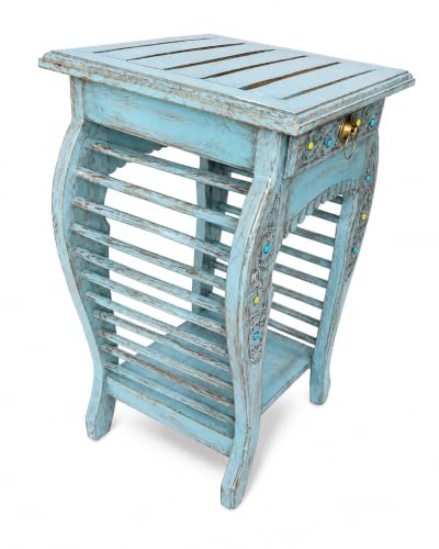 Image of Multipurpose Table Outdoor Indoor Stool Flower Vase Stool with One Drawer Material Mango Wood Size 30.5CM x 30.5CM x 53.3CM (Lite Blue Antique)