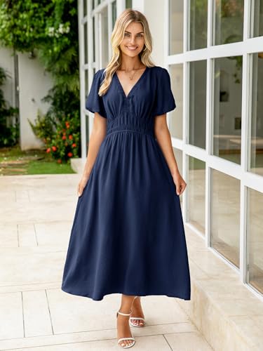 Image of Simplee Women's Summer Flowy Midi Dress Casual V Neck Short Sleeve Empire Waist Boho Beach Dress Wedding Guest Maxi Dress
