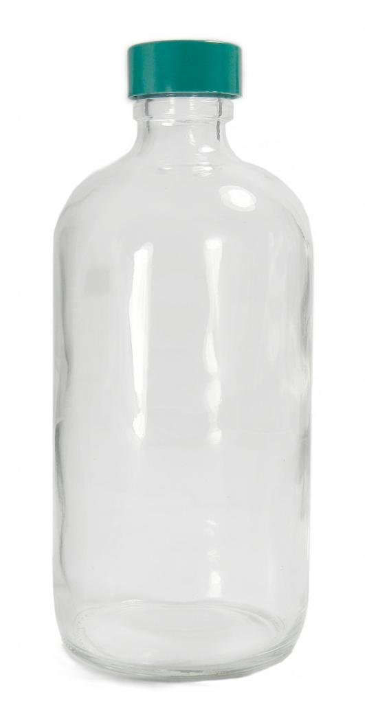 Qorpak GLC-06413 Boston Round Bottle with 24-400 Green Polypropylene Hole Cap and PTFE/Silicone Septa, 8 oz, Clear (Pack of 108)
