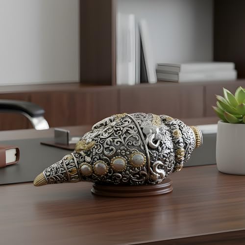 Image of 999 Pure Silver Plated & 24K Gold Plated Ganesh Shankh | Sacred 8 Inch Dual-Tone Conch Shell | Vastu Showpiece for Success & Wealth | Auspicious Pooja Gift