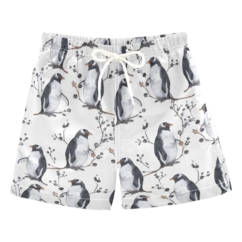 ALAZA Penguin Tree Leaf Watercolor White Boys Quick Dry Beach Board Shorts Kids Swim Trunks Bathing Suit Swimsuit 3T