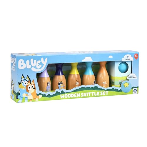 Bluey Wooden Bowling Set – Skittle Game with 6 Character Wooden Bowling Pins, Durable Toy for Kids Ages 3+, Indoor & Outdoor Play