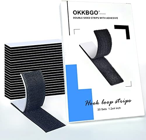 20 Sets 1.2x4 Inch Hook and Loop Strips with Adhesive, Industrial Strength Heavy Duty Sticky Back Fastener Tape for Fabric. Double Sided Self Adhesive Strip for Mounting, Picture Hanging, Black