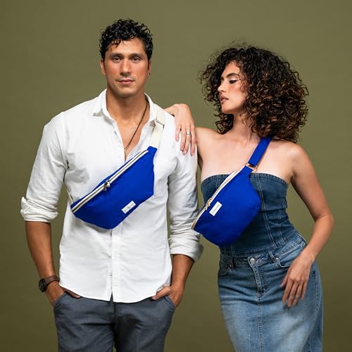 Image of The Peacock Crew Fanny Pack - Stylish Cotton Crossbody Bag for Men & Women - Adjustable Strap, Dual Zipper - Premium Fabric Shoulder Bag, Trekker Indigo Blue