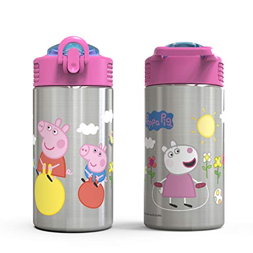 Image of Zak Designs Peppa Pig 15.5oz Stainless Steel Kids Water Bottle with Flip-up Straw Spout - BPA Free Durable Design, Peppa Pig SS, Single Wall