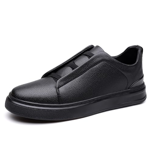 Image of Mens Leather Oxford Sneakers Low Top Business Casual Shoes With Elastic Band Comfort Sole For Daily Walking Commute Black White Brown(Black,6.5 UK)