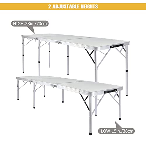 Redswing Tri-Fold 6Ft Folding Camping Table, Aluminum Outdoor Table With Adjustable Heights Legs, Portable Lightweight Camp Table For Picnic, Party, Beach, 72"X24", White #TOP2