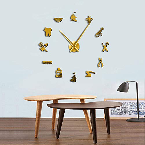 Reloj de pared gigante con efecto espejo para decoración del hogar, sin marco, diseño de signo de dentista (dorado)
