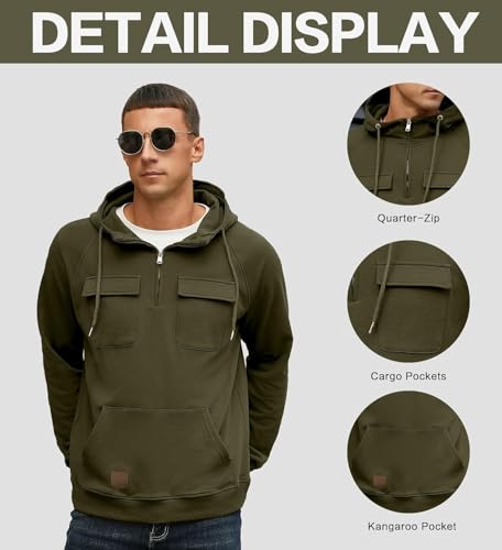QIXING Men's Cargo Hoodies Quarter-Zip Sweatshirts Tactical Jumpers Casual Gym Athletic Loose Hooded Tops - Image 3