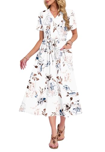 MOLERANI Women's V Neck Maxi Dress with Pockets Floral White M