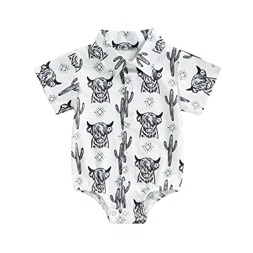 Image of Karuedoo Western Baby Boy Clothes Cow Print Shirt Romper Infant Short Sleeve Button Down Bodysuit One Piece Gentleman Outfit