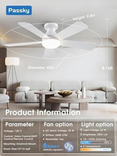 Image of Passky 42 Inch Smart Ceiling Fans with Lights, Low Profile, Alexa, White | Remote /Alexa Voice Control, 6 speeds, Dimmable 3CCT Light, Quiet Reversible DC Motor, Timer, Memory, Flush Mount for Bedrooms
