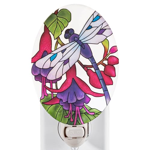 Image of Dragonfly Night Light - Stained Glass Styled Plug-in Wall Light for Vertical Outlets - Real Glass, Warm Glow for Bedroom, Bathroom, Hallway - Gift for Nature Lover
