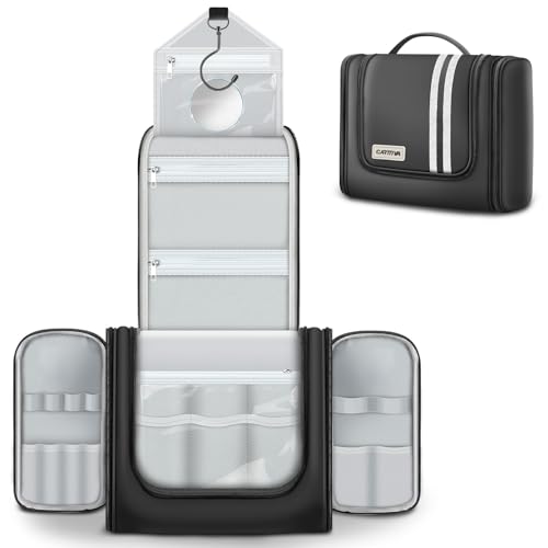Carttiya Trousse de Toilette Femme Homme Voyage avec Miroir Amovible, Grande XXL Sac de Toilette Suspendre avec Crochet Rotatif 360°- Imperméable Maquillage...