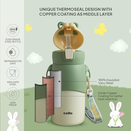 Image of Cello Bunny Kids Stainless Steel Flask 500ml, Green | Double Walled Vacuum Insulated Technology | One Click Push Button to Open | Ideal for School, Sports, Picnics