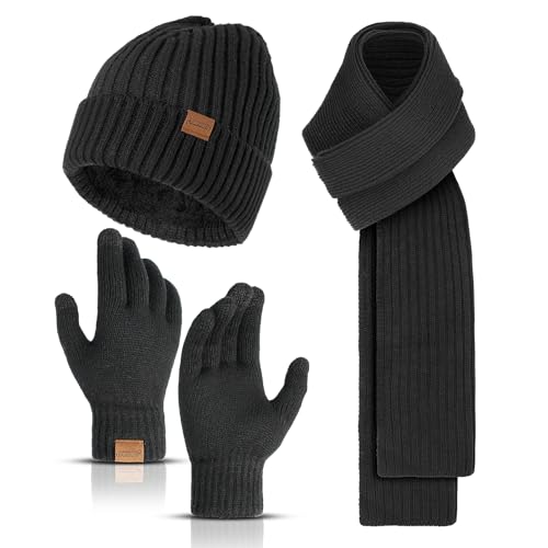 Winter Beanie Hats for Men Long Neck Scarf and Touchscreen Gloves Set with Fleece Lined...