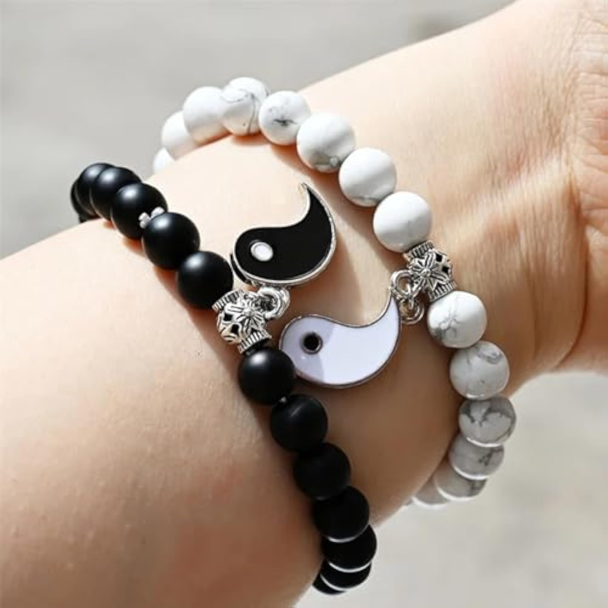 Couple Black & White Onyx Stretchable Wrist Band Bracelets