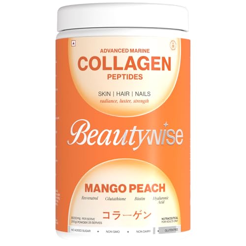 Image of Beautywise Advanced Marine Japanese Collagen Peptides For Skin, Hair & Nail Supplement Radiance|Glutathione, Resveratrol, Hyaluronic Acid & Vitamin 25 Servings (Mango Peach) - 200g
