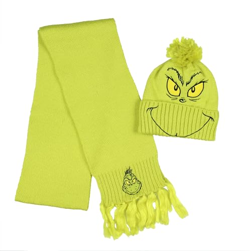Dr. Seuss The Grinch Embroidered Design Adult Knit Scarf and Pom Cuffed Beanie Set