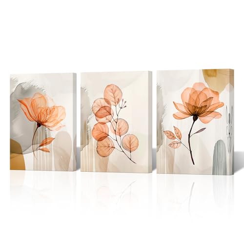 Image of NutArtPic Flower Canvas Wall Art Orange Floral Pictures Minimalist Neutral Wildflower Painting Prints for Home Decor 12''x16''x3pcs
