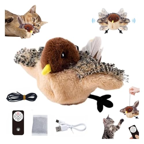 Flying Bird Cat Toy, Simulated Chirping Bird Cat Toy Flapping Wings,Flapping Wings Sparrow for Indoor Cats, Rechargeable Interactive Flappy Birds, Cats Toys with Feather Tail