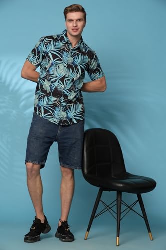 Image of Mens Printed Casual Shirts Short Sleeves Button Down Tropical Shirts (MS1 Black Turquoise XL)