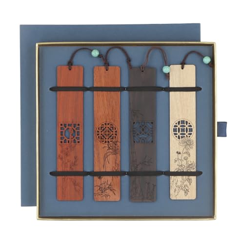 Marcapáginas de Madera, 4 Piezas Marcapáginas de Madera Vintage, Marcapáginas de Madera Hecho a Mano con Colgante de Porcelana Azul y Blanca en Exquisitas Cajas de Regalo para Amantes de Los Libros