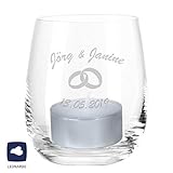 Glas: klar Leonardo Windlicht zur Hochzeit (mit Ringen) - personalisiert mit Namen & Datum, Windlicht mit Spruch, Liebe, Unendlichkeit, Liebe, Teelicht, Hochzeit, Ehe, Geschenk, Geschenkidee, Paar, Wedding