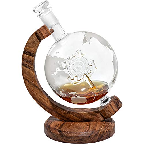 Coast Guard Etched Globe Whiskey Decanter - Coast Guard Gifts w/Coast Guard Emblem Inside - Unique Personalized Gift, Gift for Promotion, Retirement, or Other Milestone - Unique Coast Guard Gift