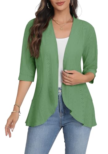 Askyes Women Cardigan 3/4 Sleeves Open Front Lightweight Soft Netted Knit Draped Ruffles Cardigan Kimono Cover Ups