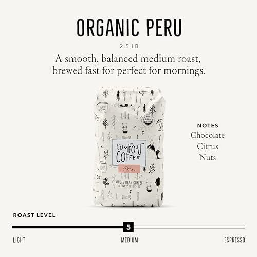 Image of Mt. Comfort Coffee Organic Peru Medium Roast, 2.5 Pounds - Flavor Notes of Nutty, Chocolate, & Citrus - Sourced From Small, Peruvian Coffee Farms - Roasted Whole Beans