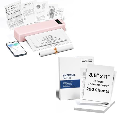 Image of TATTMUSE Inkless Portable Thermal Printer Pink & 200 Sheets 8.5 inch x 11 inch US Letter Thermal Paper, Compatible with iPhone Android Laptop for Home Office