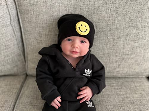 Image of Funky Junque Adorable Newborn Baby Smiley Face Beanie - Soft Knit Winter Hat with Premium Suede Patch