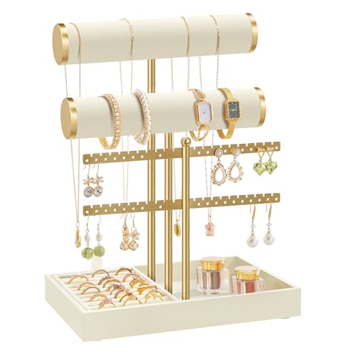 Image of SONGMICS Bracelet Holder Stand, Jewelry Display Stand, Jewelry Organizer, with 2 Tiers and Velvet Tray, Earring Organizer, Removable Ring Holder, Cream White and Pale Gold UJJS046W101
