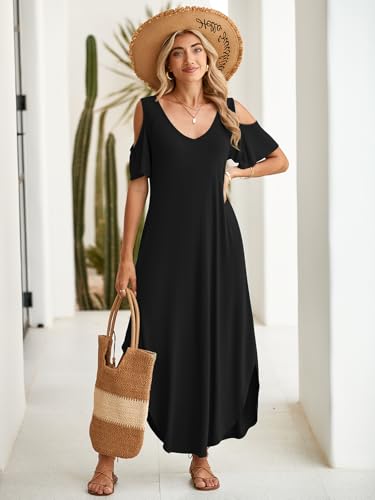 BELAROI Plus Size Maxi Dress for Curvy Women Summer Casual Cold Shoulder V Neck Pockets Beach Coverup Vacation Loose Sundress3